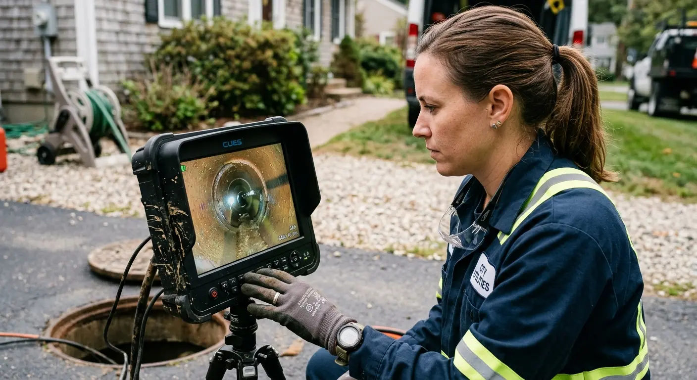 Technician reviewing sewer camera inspection footage in El Rio