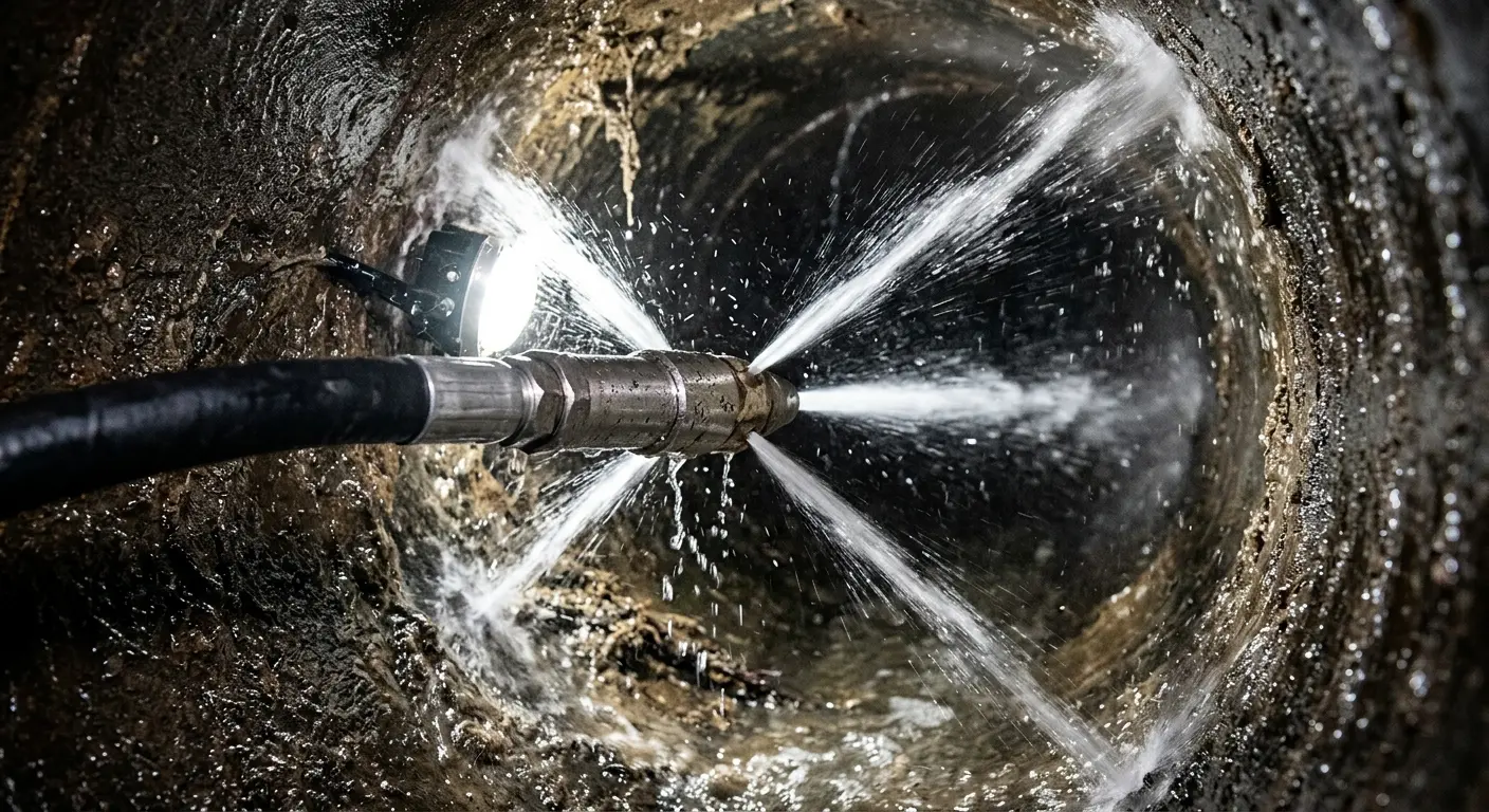 High-pressure hydro jetting nozzle cleaning sewer pipe for Storm Drain Cleaning in El Rio