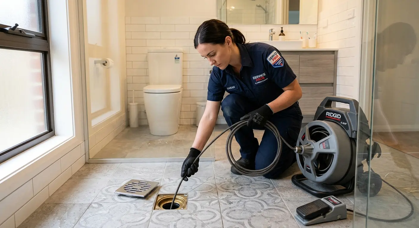 Technician clearing a bathroom floor drain for Hydro Jetting in El Rio